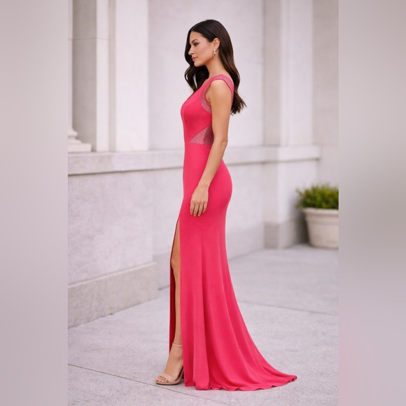 Aidan Mattox Hot Pink Lace Inset Gown V-Neck Slit Evening Dress Size 2